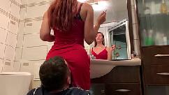 Mistress sofi in red dress use chair slave